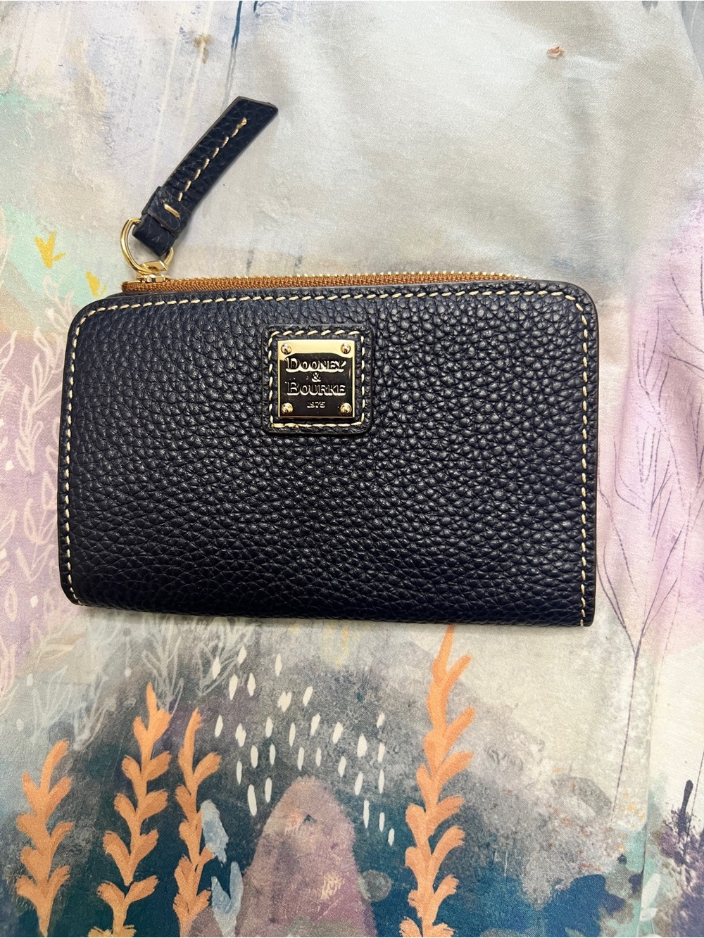 Dooney & Bourke Black Pebble Leather Zip-Around Wallet with Gold Plate